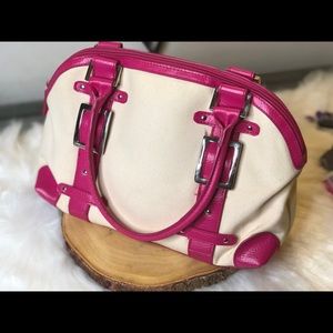 Raspberry pink and cream canvas handbag